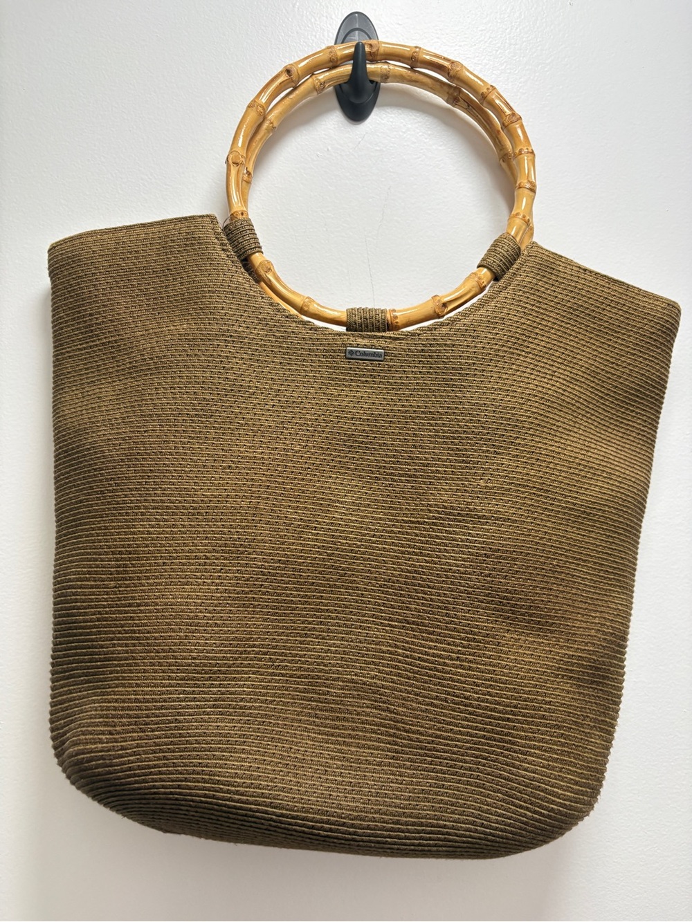 Columbia Olive Brown Woven Tote with Bamboo Ring Handles